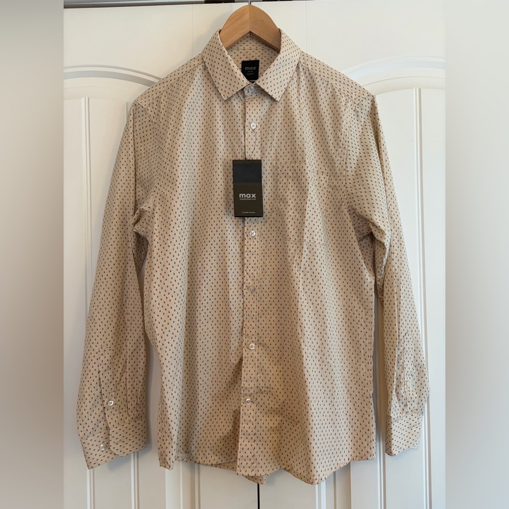 Max Fashion NWT Men's Button Down Beige Print Shirt Neck Size 40cm Slim‎ Fit